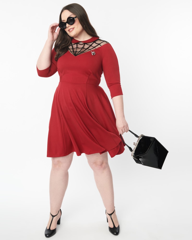 Front of a model wearing a size L Unique Vintage 1950s Burgundy Spiderweb Endora Fit & Flare Dress in Red by Unique Vintage. | dia_product_style_image_id:300553